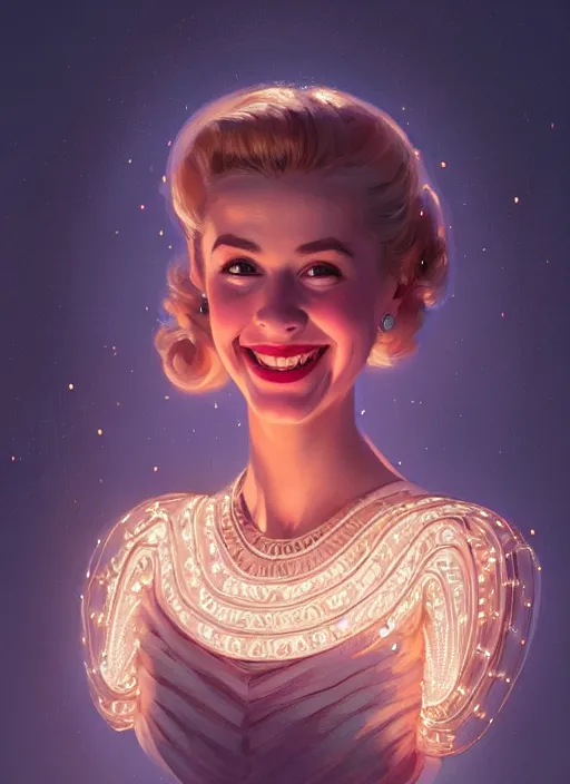 Image similar to portrait of betty cooper, smiling kindly, 1 9 5 0 s, intricate, elegant, glowing lights, highly detailed, digital painting, artstation, concept art, smooth, sharp focus, illustration, art by wlop, mars ravelo and greg rutkowski