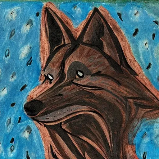 Image similar to retarded wolf pooping, expressionism