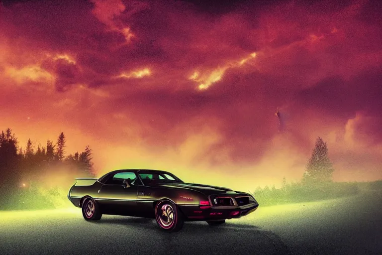 Prompt: pontiac firebird with cherry glitter paint and fur, cat inside car, sunrise, eerie light, fireflies, dramatic, cinematic, forest, horror, sunbeams, volumetric lighting, wide shot, low angle, lightning storm hitting the car, ground cracking open to reveal a portal to hell