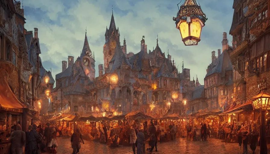 Image similar to medieval city festival near lake at night, beautiful lit lamps, 8 k highly detailed art, intricate, stanley lau, artgerm, artstation, smooth, far shot, wlop, alphonse mucha, cinematic shot, cinematic lighting