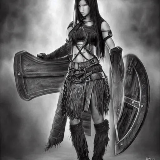 Image similar to hyper realistic pencil drawing of tifa lockheart as an viking warrior princess cloak, fantasy, dark, stunning, detail, sharp