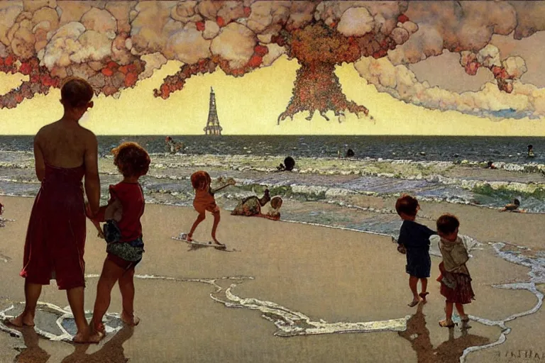 Image similar to kids playing at the beach, huge atomlc explosion in the background, wide angle shot, by norman rockwell, by mattias adolfsson, by alphonse mucha, oil on canvas,