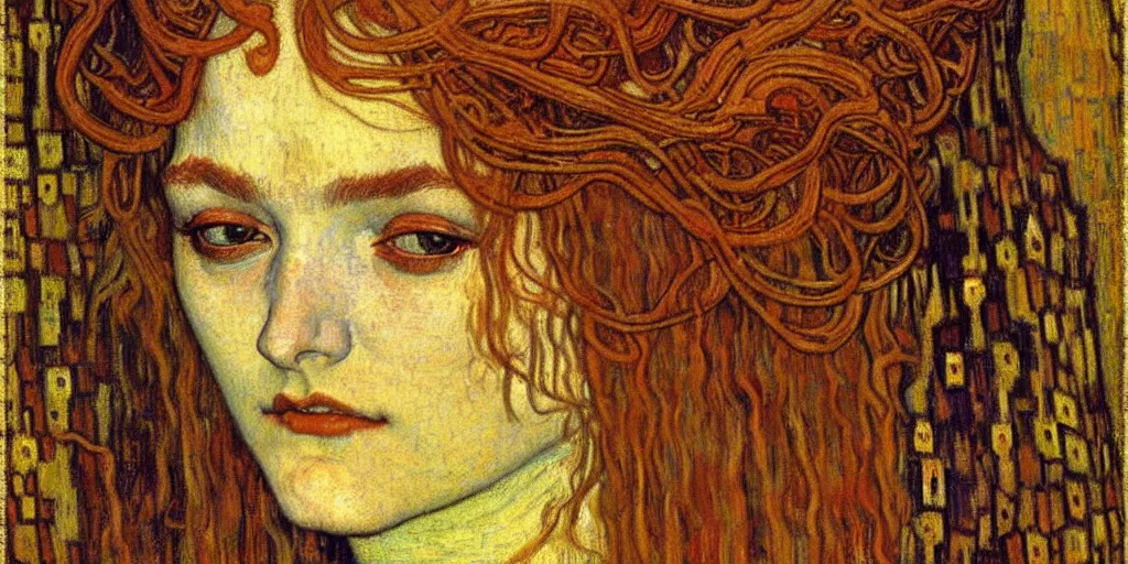 Image similar to detailed realistic beautiful young medieval queen face portrait by jean delville, gustav klimt and vincent van gogh, art nouveau, symbolist, visionary, gothic, pre - raphaelite, muted earthy colors, desaturated