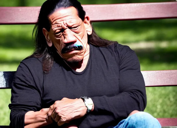 Image similar to photo of sad danny trejo sitting on a park bench crying, 8 k, sunny day