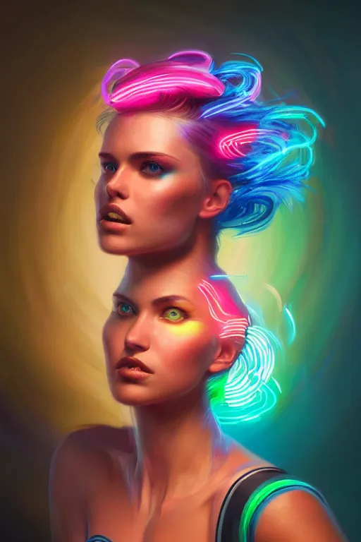 Image similar to a award winning portrait of a beautiful woman with stunning eyes in a one off shoulder crop top and cargo pants with rainbow colored hair, outlined by whirling illuminated neon lines and fine lines swirling in circles by greg rutkowski, digital art, trending on artstation