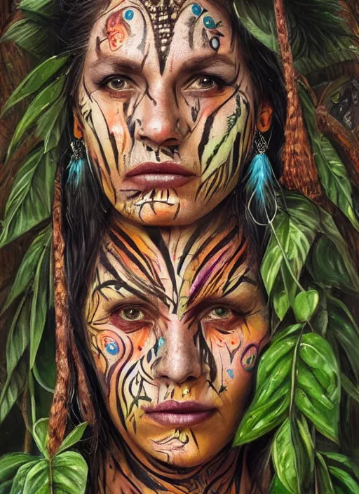 Prompt: a beautiful painted portrait of an old female shaman in the jungle surrounded by leaves and plants, tribal face paintings, shamanism, matte painting, fantasy art