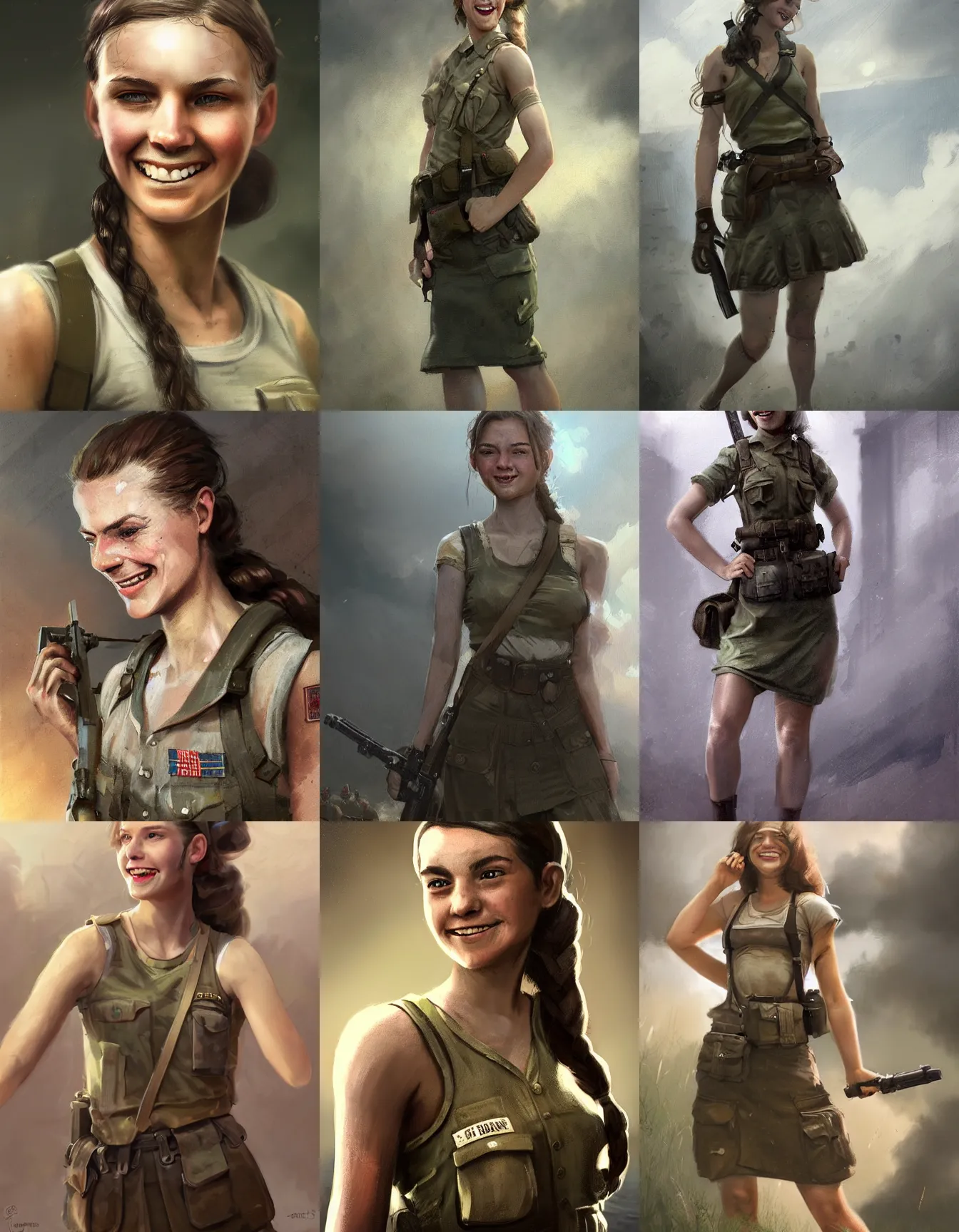 Prompt: young female ww 2 combat engineer, wearing a tanktop and skirt, long hair, ponytail, smiling, digital portrait by greg rutkowski, intricate, soft focus, highly detailed, cinematic, epic, artstation