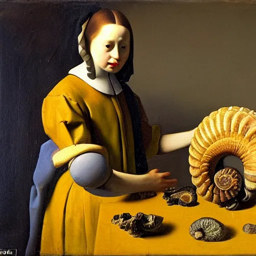 Prompt: Oil painting of an artificial intelligence examining an ammonite fossil in the style of The Astronomer by Johannes Vermeer, 1666, highly detailed