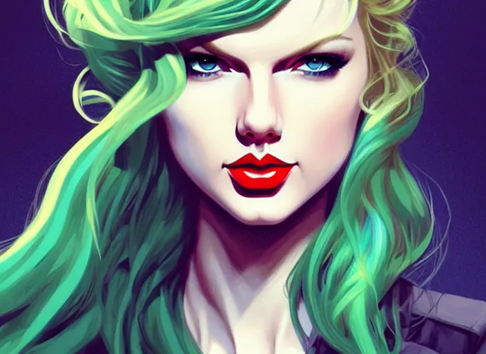 Image similar to style artgerm, joshua middleton, taylor swift with green dress, very long blue hair, symmetrical face, symmetrical eyes, steampunk western gunslinger, cinematic lighting