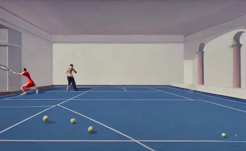 Image similar to Inside a greek tennis court, very coherent, painted by Edward Hopper, Wayne Barlowe, painted by James Gilleard, airbrush, art by JamesJean