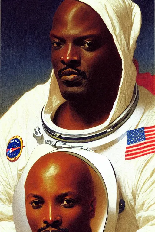 Image similar to portrait of lexington steele in astronaut shirt, by bouguereau