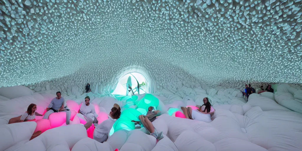 Prompt: inflatable upscaled white adult bouncy castle inside interior with people dressed light - mint laying on the floor by anish kapoor and ernesto neto, top down view, telephoto lens, shallow depth of field