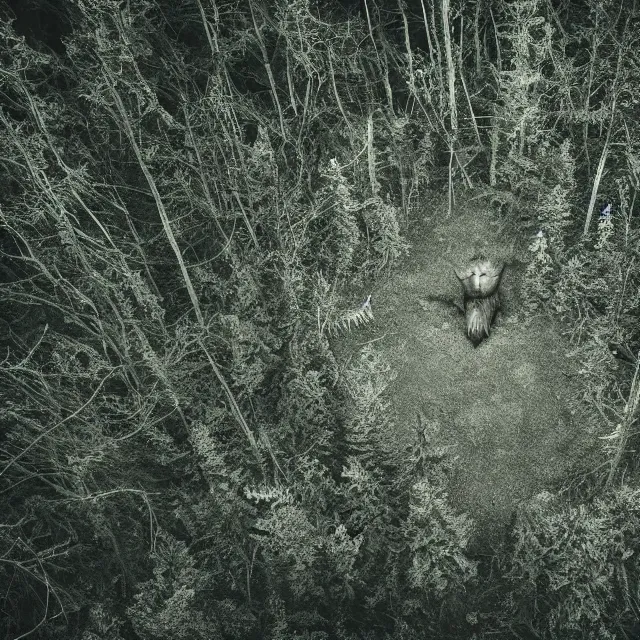 Image similar to bloody wendigo in forest at night, night vision, shot from drone, grainy