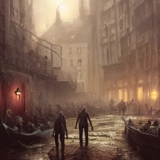 Image similar to shadow over innsmouth, fishpeople, people walking out of water, painted by seb mckinnon, high detail, dramatic light, digital art, painted by greg rutkowski, promotional movie posterart, trending on artstation