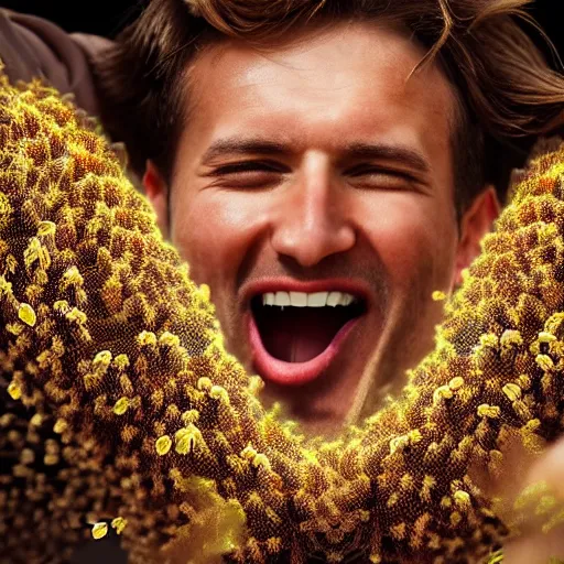 Image similar to photograph of bees crawling out of a smiling mans mouth, 8k resolution, high detail, ULTRA REALISTIC VFX, reflections