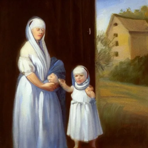 Image similar to a painting of a woman holding a child. The woman is wearing a white dress and has a blue scarf around her head. The child is a young girl, and she is also wearing a white dress. They are both standing in front of a window, and there is a curtain blowing in the wind. The colors in the painting are very soft and muted.