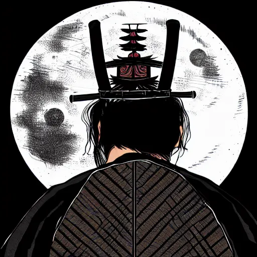 Image similar to A PORTRAIT FROM BEHIND OF A SAMURAI MAN VAGABOND WITH A MOON BEHIND HIM ,THE SAMURAI IS WRAPPED IN CHAINS ,detailed, concept art, ink style , sketch