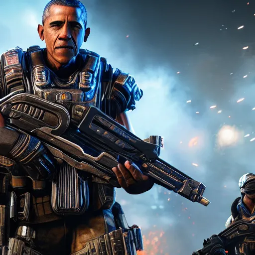 Image similar to barrack obama in gears of war battlefield 5, splash art, movie still, cinematic lighting, dramatic, octane render, long lens, shallow depth of field, bokeh, anamorphic lens flare, 8 k, hyper detailed, 3 5 mm film grain