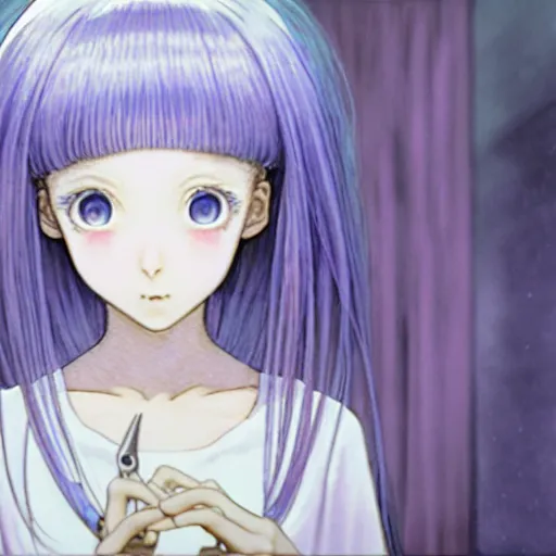 Image similar to IMAX film still of a portrait of a morbid 18 year old young woman wearing a dress of the soft aesthetic with wavy long hair, queen of sharp razorblades holds a single small sharp blade or a razor her hand and shows it to the user, by Range Murata, Katsuhiro Otomo, Yoshitaka Amano.