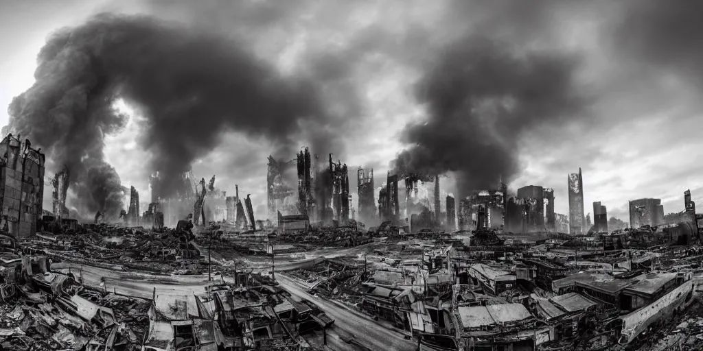 Image similar to wide angle photo, 1 8 mm canon 5 d mark 3, f 1 8, of a scary giant, metal machine pig robot : : 1. 5 looming huge over the buildings of a city on fire that is destroied, in the film style of a hollywood summer blockbuster movie