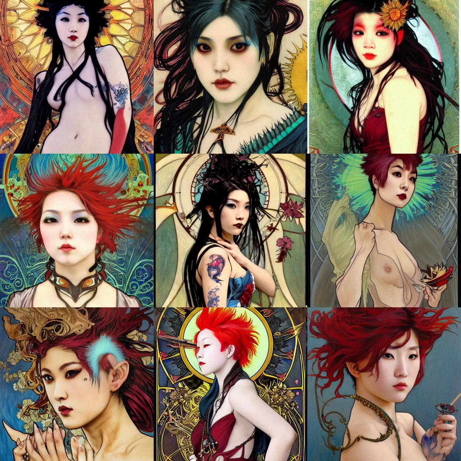 Prompt: stunning, breathtaking, awe-inspiring award-winning concept art nouveau painting of attractive Ashley Liao as a punk with messy eyeliner, a septum piercing, and extremely short spikey hair dyed bright red, as the goddess of the sun, with anxious, piercing eyes, by Alphonse Mucha, Michael Whelan, William Adolphe Bouguereau, John Williams Waterhouse, and Donato Giancola, cyberpunk, extremely moody lighting, glowing light and shadow, atmospheric, cinematic, 8K