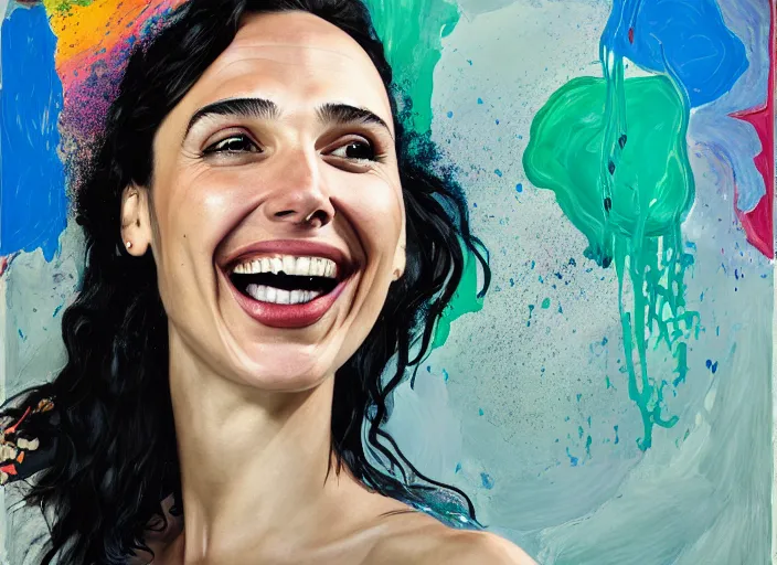 Prompt: portrait of gal gadot laughing, by vincent lefevre and hernan bas and pat steir and hilma af klint, psychological, photorealistic, dripping paint, washy brush, rendered in octane, altermodern, masterpiece