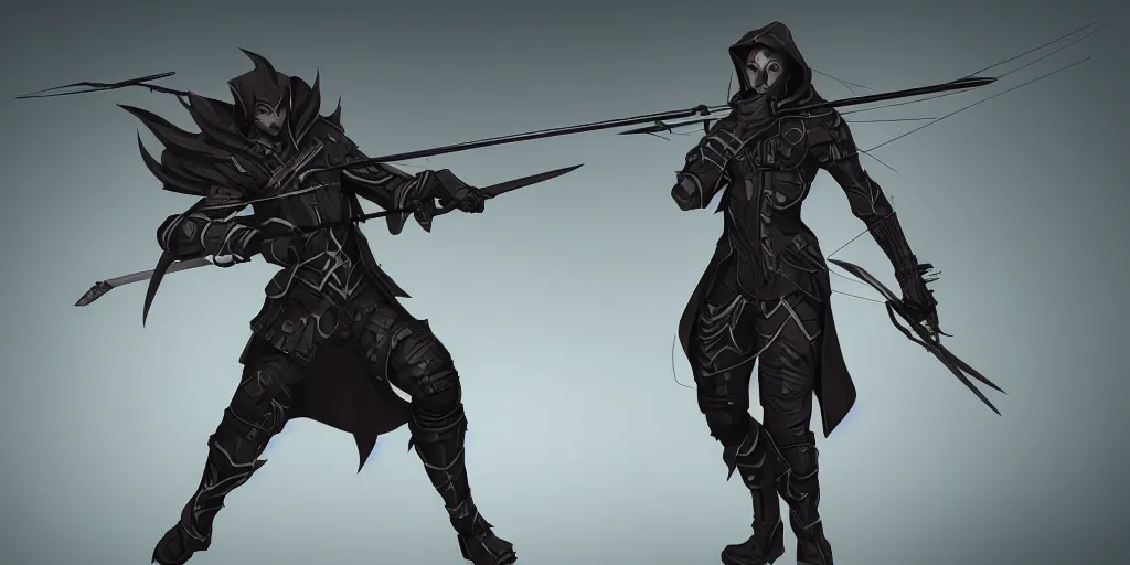 Prompt: character concept art for a dark cyber-archer, detailed illustration, epic poses