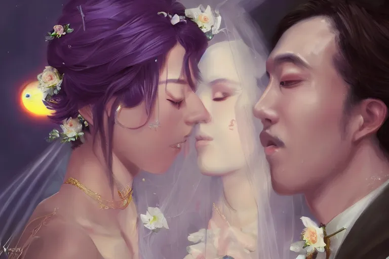 Image similar to a cinematic portrait of wedding photograph jpeg close up moment of a divine a japan sun god and moon goddess lovers magician at a wedding banquet. portraiture. digital painting. artstation. concept art. wedding photo. digital painting. violet evergarden art masterpiece by art by krenz cushart