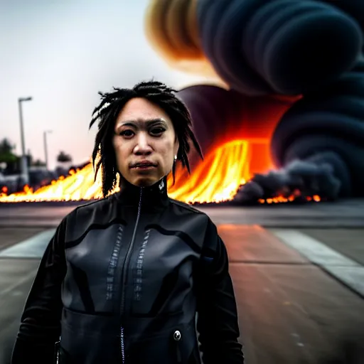 Image similar to Candid extreme wide shot of a poor techwear mixed woman with short hair and tattoos outside of a futuristic Los Angeles on fire, cyberpunk, 4k, extreme long shot, desaturated, full shot, action shot, motion blur, depth of field, sigma 85mm f/1.4, high resolution, 4k, 8k, hd, full color, award winning photography, war photography