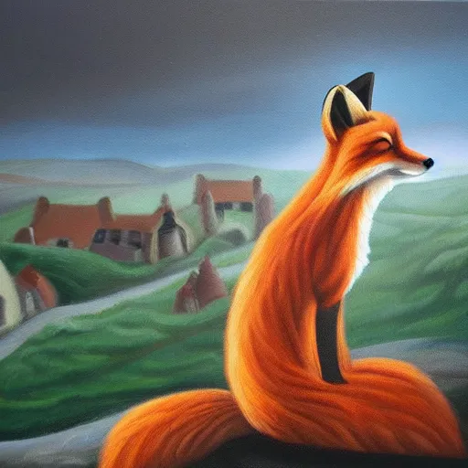 Prompt: oil painting of an anthropomorphic fox in a robe overlooking a village in the moor, dramatic lighting, overcast weather, highlands, fox in a robe