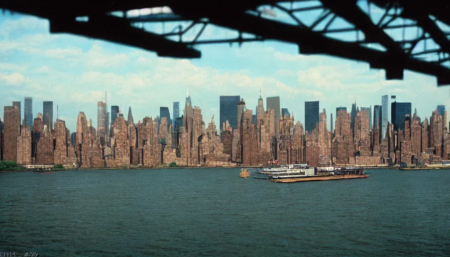 Image similar to highly detailed cinematic, hudson river in the background, twin towers, new york skyline, cinestill 8 0 0 t 3 5 mm 1 9 8 9, technicolor,, high quality, high detail, warm light, 8 k, realistic, hd