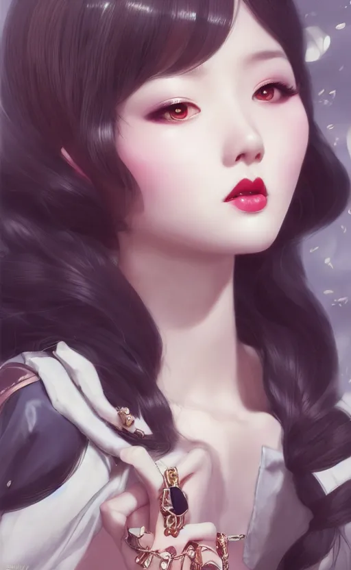 Image similar to a pin up and beautiful fashion charming dreamlke korea girl with lv jewelry, character art, art by artgerm lau and kyoung hwan kim and and ilya kuvshinov and john singer sargent, hyperdetailed, 8 k realistic, symmetrical, frostbite 3 engine, cryengine, dof, trending on artstation, digital art