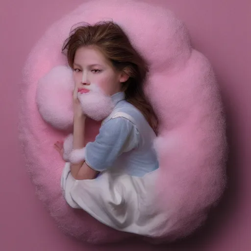 Prompt: portrait of a cute girl laying on soft pink and white cotton fluffy balls, still move image, highly detailed, digital photography by jheronimus bosch and james jean and james rutkowski