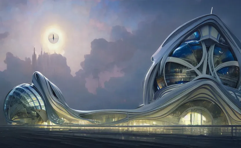 Image similar to exterior shot of utopian architecture transparent building with cinematic lighting by zaha hadid and renzo piano, darek zabrocki and greg ruthkowski, alphonse mucha, simon stalenhag, cinematic, stars, beautiful, holy place, paradise, scifi, futurism, atmospheric, concept art, artstation, trending on artstation