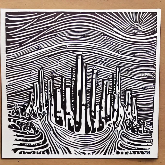 Image similar to psychodelic linocut of a moog synthesizer