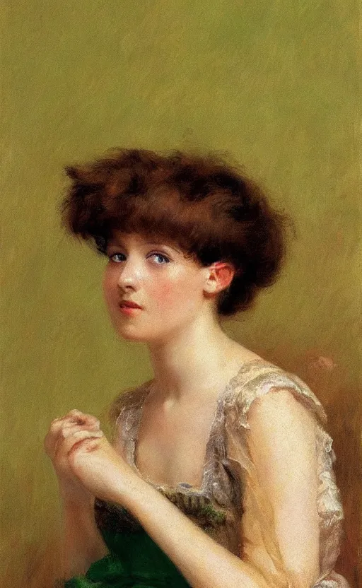 Prompt: portrait of a young woman!! daydreaming! brown fuzzy!!! hair, short hair!! green wallpaper background! by eugen von blaas