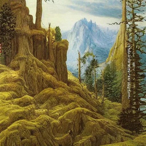Prompt: A beautiful and highly detailed landscape painting of beautiful lost temple in the mountains, detailed trees and cliffs, by Caspar Friedrich