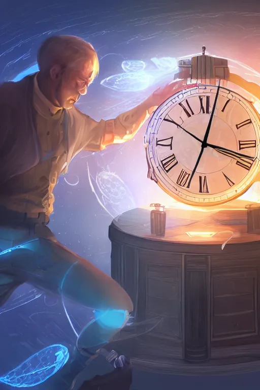 Prompt: a illustration of a chronomancer bending the time in a dark room with a table shaped as a clock, trending on artstation