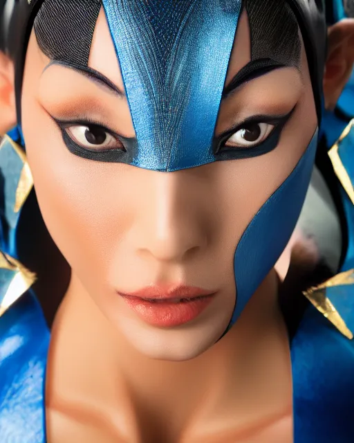 Image similar to Beautiful close highly detailed portrait of Kitana from Mortal Kombat in her iconic signature main outfit. Award-winning photography. XF IQ4, 150MP, 50mm, f/1.4, ISO 200, 1/160s, natural light, rule of thirds, symmetrical balance, depth layering, polarizing filter, Sense of Depth, AI enhanced