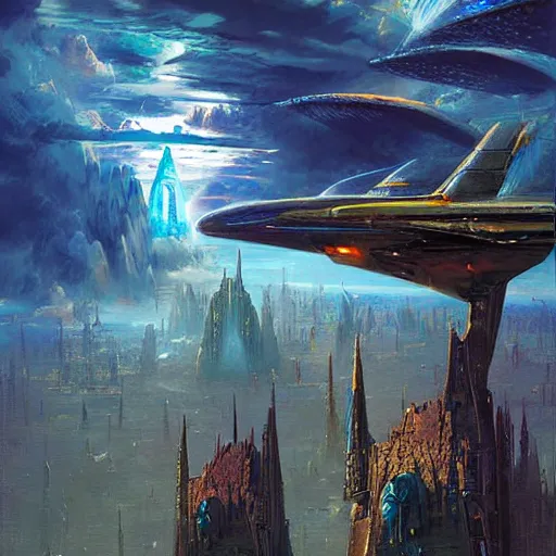 Prompt: skies walking castle crashed spaceship rich digital art depth of field sacred fantasy by alex grey, syd mead, john berkey, fenghua zhong, alena aenami, tristan eaton, john stephens, arthur adams