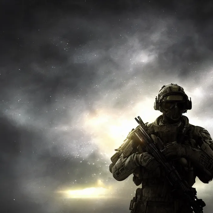 Prompt: cinematic, beautiful lighting, call of duty ghost soldier looking out into the vastness of space, digital art