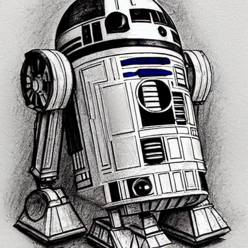 Prompt: a pencil sketch of the droid r 2 d 2 by leonardo davinci, star wars, droid, machine, sketch, da vinci, old masters, paper,