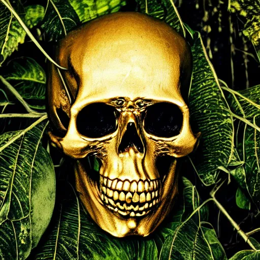 Image similar to chiaroscuro Still life photo of ray of light shining on golden skull completely etched with detailed and intricate ancient rune symbols, and overtaken by plant ivy filigree, in a Vast jungle background, by ayami kojima