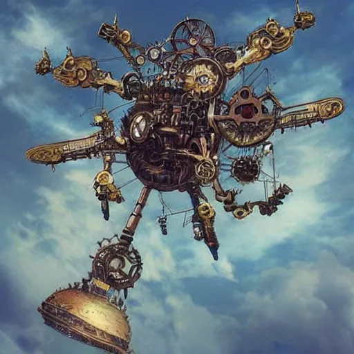 Image similar to flying city in a mechanical flower, sky!, fantasy art, steampunk, masterpiece