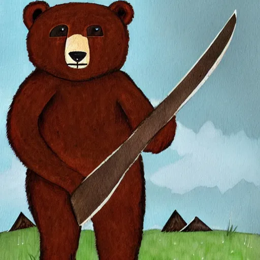 Prompt: a bear holding a viking axe,by cameroon hammond