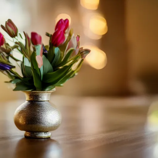 Prompt: dslr photo of a vase on a table, 55mm, f/1.3, bokeh