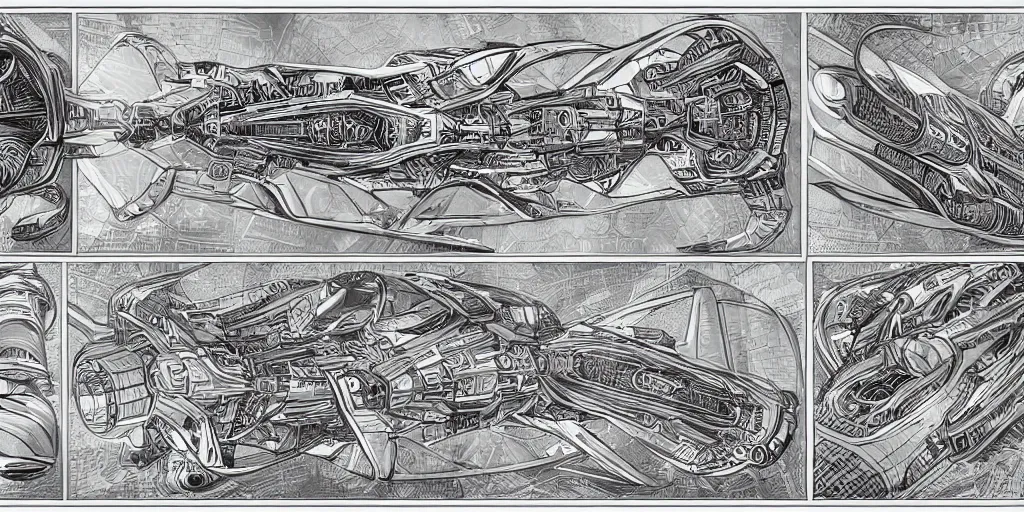 Prompt: highly detailed character sheet drawing, side view, sf interstellar travel drive designs, intricate and stylized spaceship designs