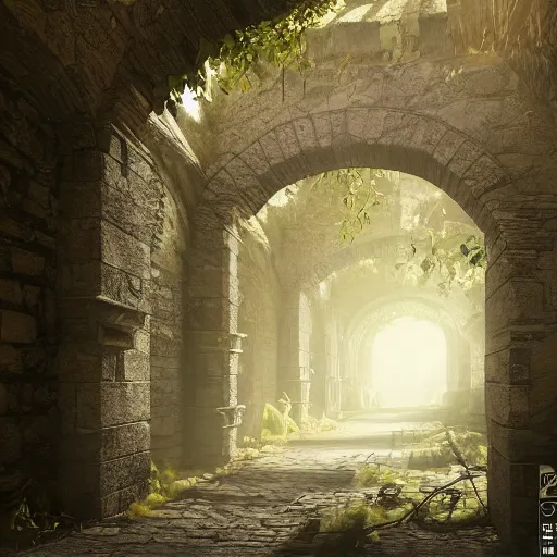 Prompt: a corridor in a stone building with trees on either side, a detailed matte painting by senior environment artist, cgsociety contest winner, fantasy art, unreal engine 5, cryengine octane render