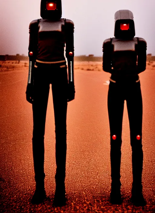 Image similar to cinestill 5 0 d photographic portrait of two loving female androids wearing rugged black techwear on a desolate plain with a red sky, extreme closeup, lizard on ground, cyberpunk style, in front of a brutalist dark metal facility, dust storm, 8 k, hd, high resolution, 3 5 mm, f / 3 2, ultra realistic faces