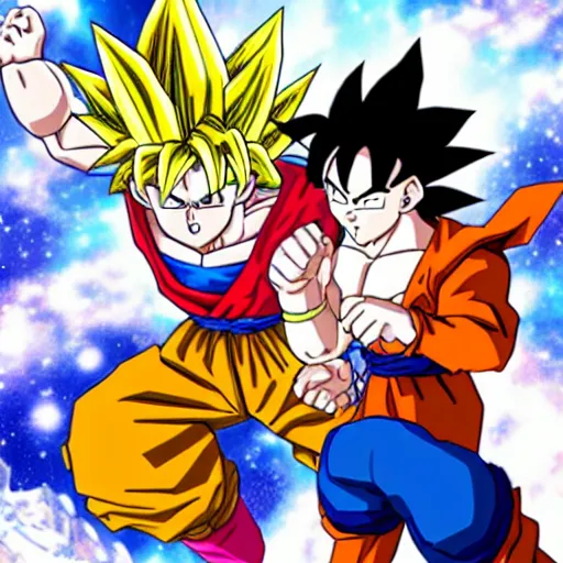 Prompt: Goku fighting Saitama at space, anime style